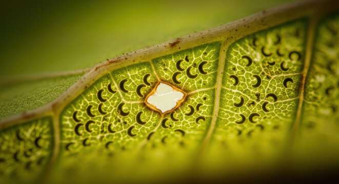 Extreme macro view of a green leaf's stomata and vein structure
