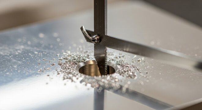 Close-up of a metal cutting band saw blade with metal shavings