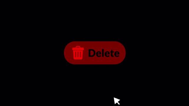 'DELETE' button with trash icon animation. Mouse  cursor throws garbage in trash bin , signifying data removal or system clean up symbol animation  in 4k video on  black background 