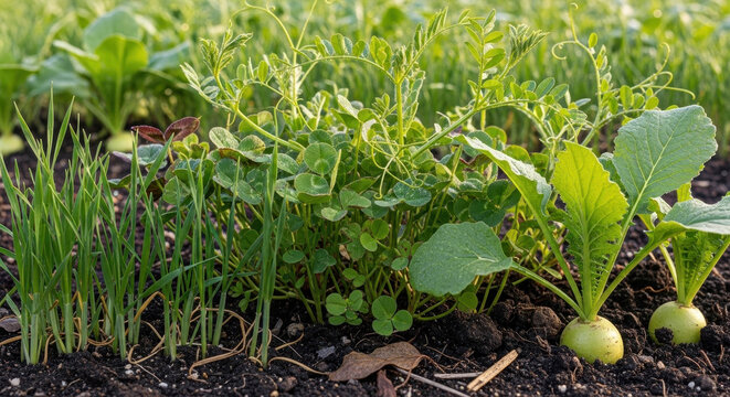 Diverse cover crop mix growing in rich soil, promoting healthy agriculture