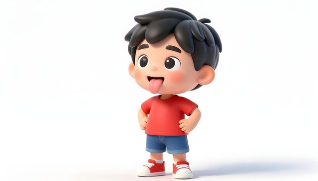 Cute cartoon boy with black hair sticking his tongue out playfully on a white background