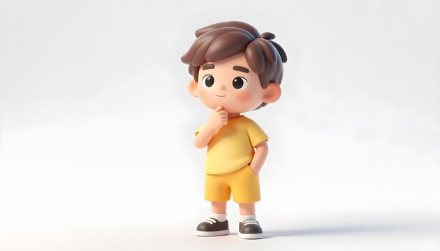 Cute 3D cartoon boy with brown hair thinking with his finger on his chin