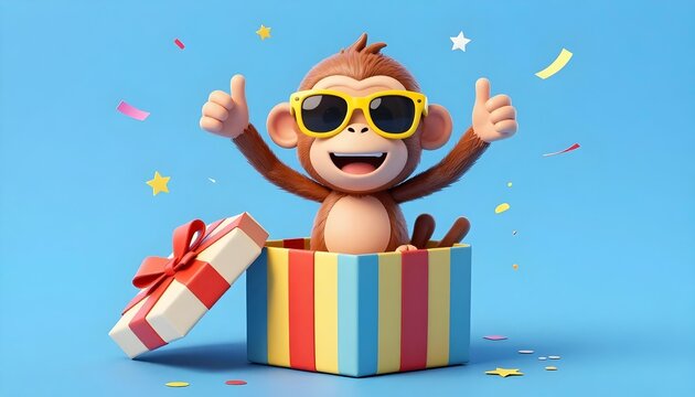 Happy cartoon monkey in sunglasses pops out of a gift box with thumbs up