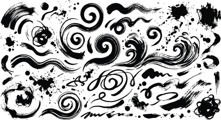 Fototapeta premium A black and white abstract illustration featuring swirling lines and splatters clean . Ai, eps, jpg, transparent background, png
