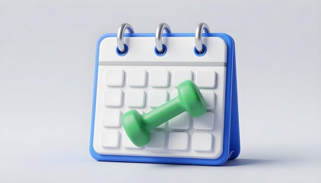 Green dumbbell placed on a calendar, symbolizing fitness planning and workout schedule