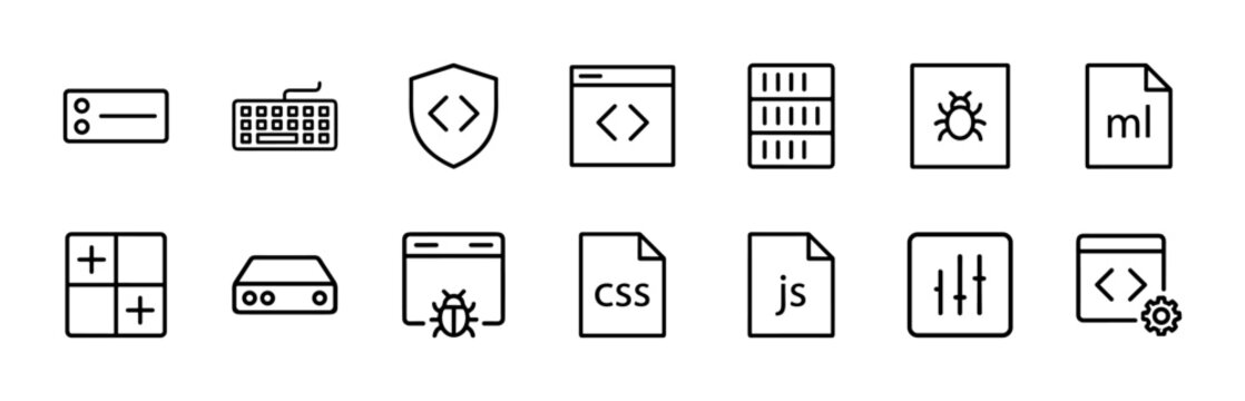 Programming and coding line icon set for software developers