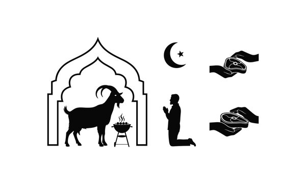 Sacrificial goat silhouette and meat distribution icons for eid al adha vector illustration