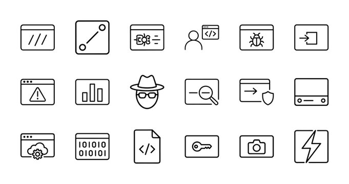 Minimalist web development and programming coding outline icon set