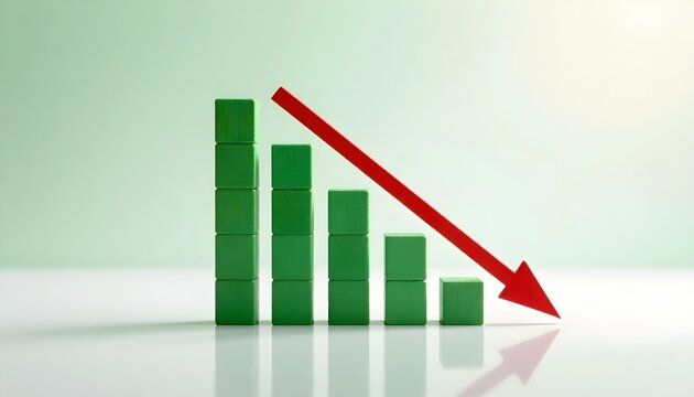 Green blocks form a descending bar graph with a red arrow indicating a downward trend