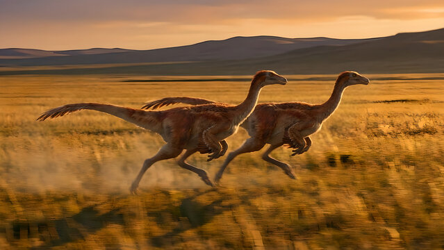 Two prehistoric theropod dinosaurs galloping in golden sunset landscape