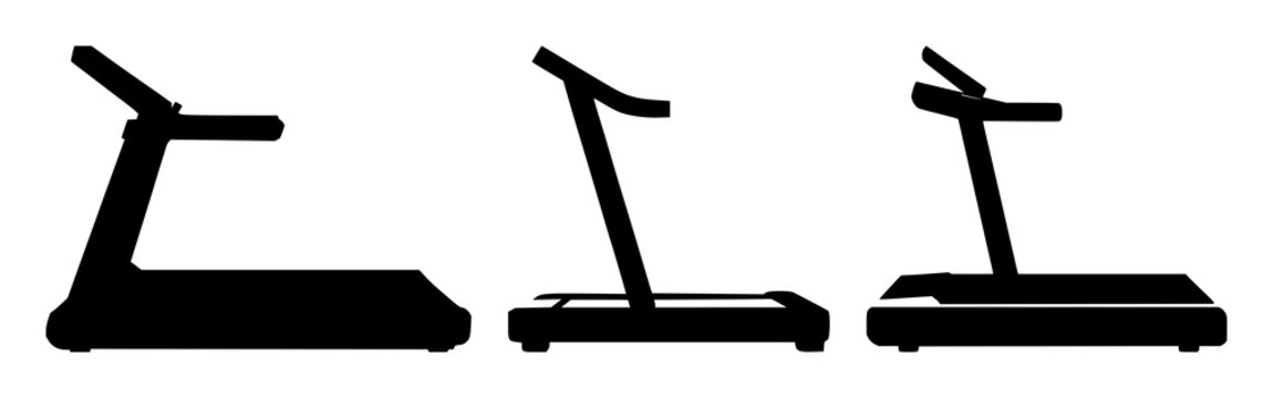 Cardio treadmill machine set with solid black icon design featuring fitness, exercise, running with workout and gym equipment