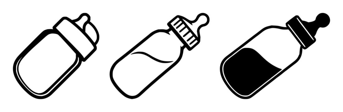 Pediatric baby bottle icon set with solid black silhouette against white background featuring baby bottle, pediatric, healthcare with minimalist and bold line style