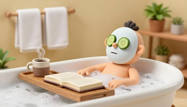 Claymation character relaxing in a bubble bath with cucumber slices on eyes and a book