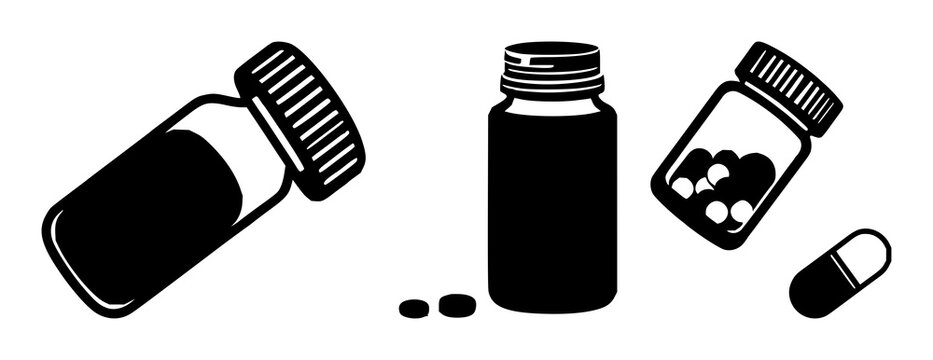 Pill bottle icon set with minimalist solid black design featuring medicine, healthcare, pharmacy with prescription and medication
