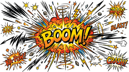 A comic book style illustration of an explosion with the word BOOM in the center Ai, eps, jpg, transparent background, png © PYARA