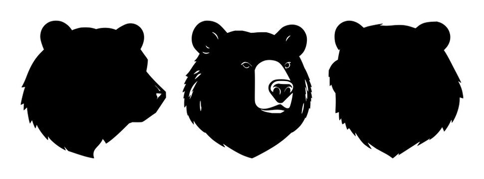 Stock market bear head icon set with solid black silhouette on white background featuring finance, bearish, symbol with bold outline and negative space