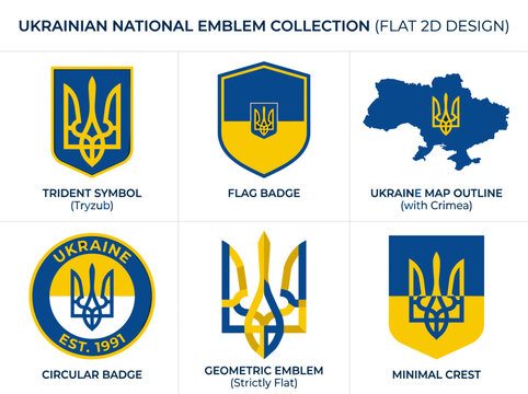 Ukraine emblem collection including trident tryzub, flag badge, map silhouette, and geometric crest
