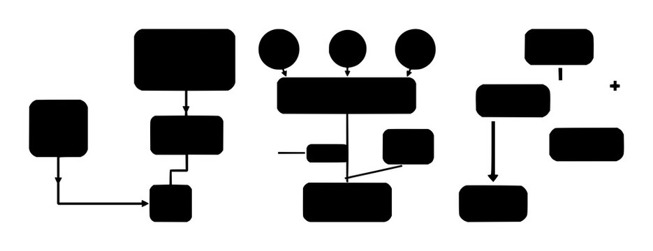 Algorithmic flowchart symbol set with solid black icon design featuring data, process, information with algorithm and diagram elements