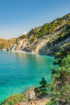 Scenic Coastal View with Turquoise Blue Sea and Clear Sky. Shpella e P&euml;llumbave, Ksamil, Albania.