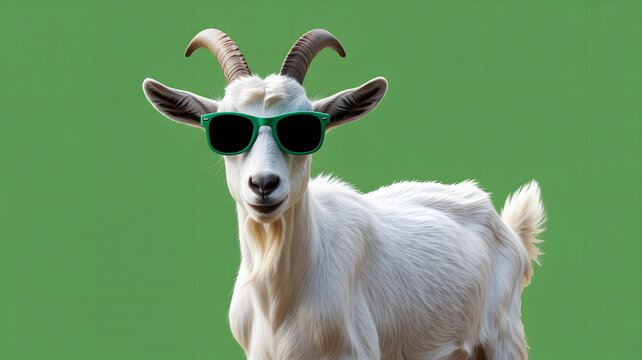 White goat wearing green sunglasses on a green background