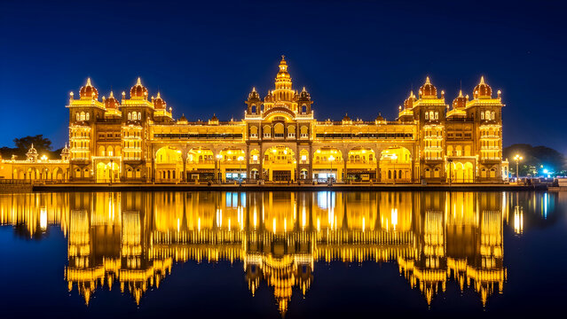 Royal Mysore Palace Reflection at Night
