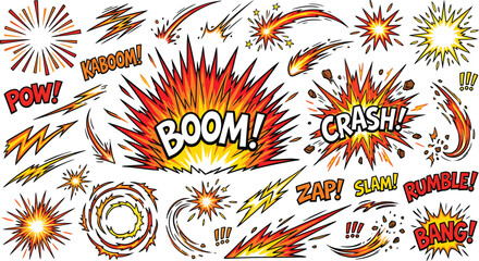 A vibrant collection of comic book explosion sound effects and graphics    Ai, eps, jpg, transparent background, png © PYARA