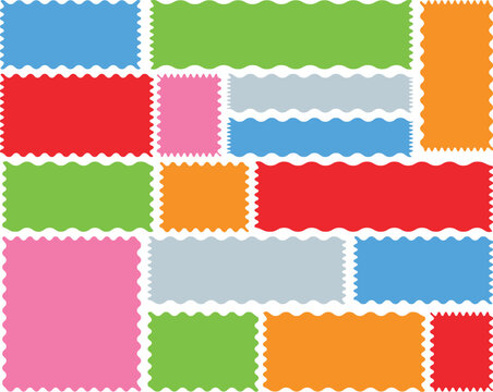 Set of coller full wavy edge frames. Rectangle shape frame with zigzag edge. Rectangular zigzag curved box. Decorative banners and labels set on white background. Vector illustration.	
