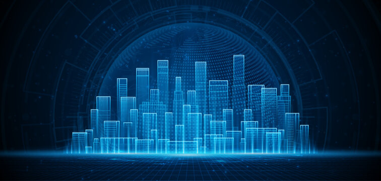 Smart city technology with hologram world in the background. Future technology city architecture concept. Digital hi-tech city design. Technology city background.