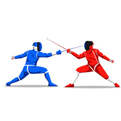 Obraz premium Fencing duel between athletes in blue and red uniforms, competitive sport illustration