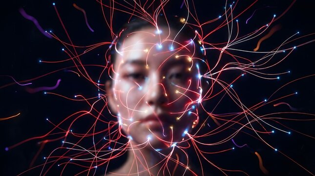 Biohacking and futuristic human enhancement technology. Genetic engineering and biotech interface. Portrait of a woman with glowing neural filaments emerging from the face and head