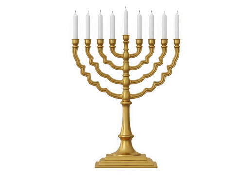 A gold menorah with white candles isolated on transparent background