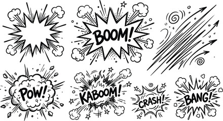 A collection of comic book style explosion graphics and sound effects Ai, eps, jpg, transparent background, png © PYARA