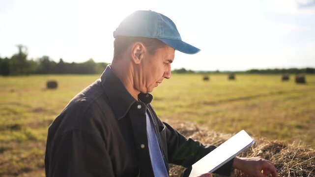 Man in field with tablet. Farmer working on field with haystacks and tablet. Farmer working in a field with haystacks of lifestyle grass. A man standing in a field holding a tablet.