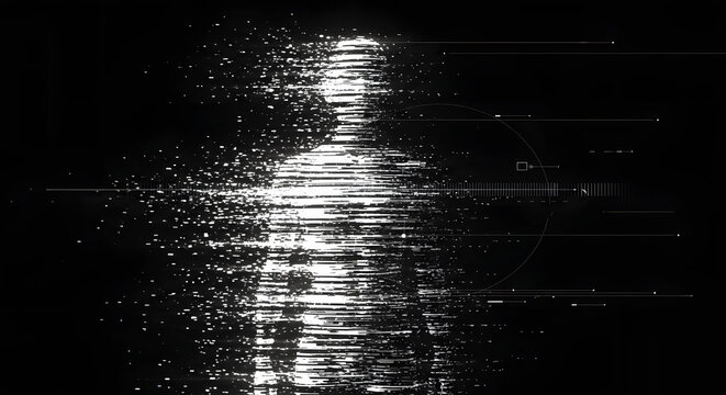 Glitch effect human silhouette on black background. Cyber security and data corruption concept. Person dissolving into digital noise and horizontal scan lines with minimalist style