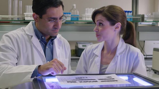 Male and Female Scientists in White Lab Coats Examining DNA Gel Electrophoresis Results on Lightbox in Biotechnology Research Laboratory