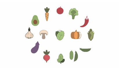 Fototapeta premium Organic vegetable and vegan food monoline icon set in circular layout for eco friendly healthy lifestyle design