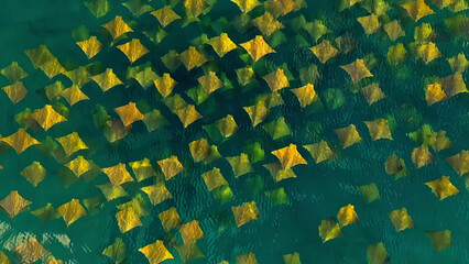 Aerial view of golden cownose rays fever swimming in turquoise ocean water, school of stingrays migrating through tropical sea, marine life pattern © I'm_coming