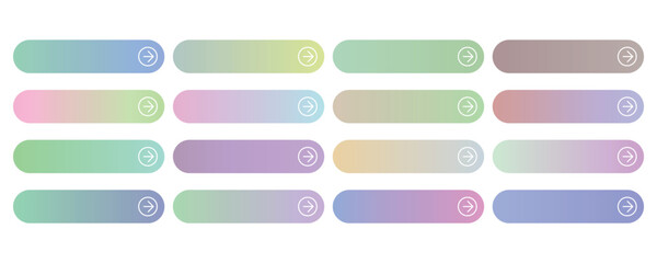 Fototapeta premium Modern gradient web buttons set, 16 colorful rounded rectangular UI elements, soft pastel call to action bars with arrow icons, EPS vector