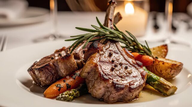 Grilled lamb chops garnished with rosemary, served with roasted potatoes, carrots, and asparagus
