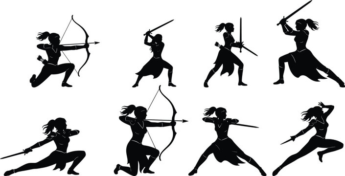 Set of various black warrior woman silhouettes, collection of female fantasy fighter poses with sword and bow vector illustrations isolated on white background for design.