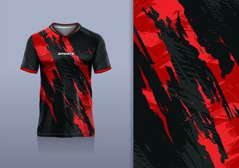 T-shirt mockup abstract texture grunge sport jersey design for football, soccer, racing, esports, running, black red color © Nimpuna O