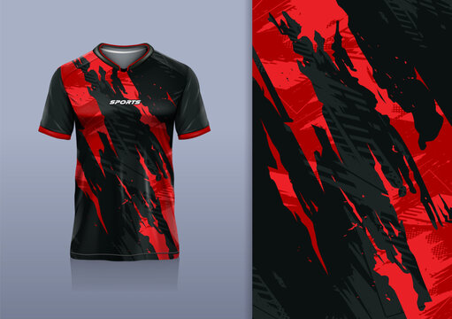 T-shirt mockup abstract texture grunge sport jersey design for football, soccer, racing, esports, running, black red color