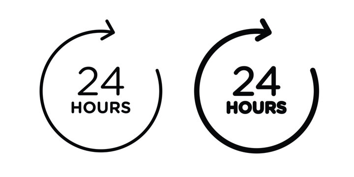 24 hours icon. Flat and outline icons. Black icons