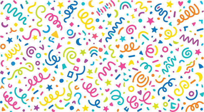 A colorful illustration of confetti and party decorations    Ai, eps, jpg, transparent background, png