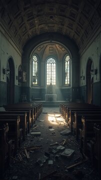 Interior of an old chaotic church, broken pews, cobwebs everywhere, peeling paint, flickering shadows, shattered stained glass, debris on the floor, dusty altar, tripod-level cinematic view,