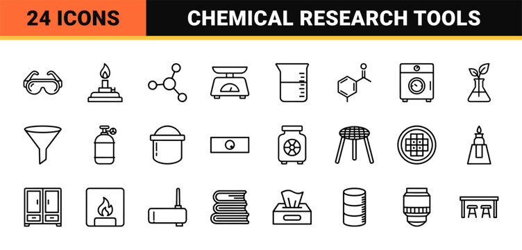 Scientific research laboratory line icons for biotechnology and chemistry experiments.