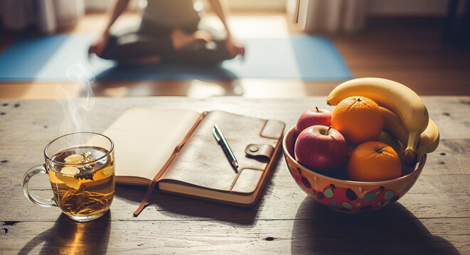 Mindful morning routine with herbal tea fruit bowl and a person meditating in the background