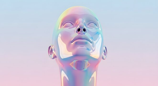 Pearlescent 3D human head with liquid metallic texture looking up. High-tech skincare and futuristic beauty concept. Glossy bust reflecting soft gradient light