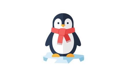 Fototapeta premium Cute Cartoon Penguin Wearing Red Scarf Standing on Ice.