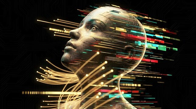 Metallic human head with fiber optic light trails and data streams. Global connectivity and supercomputing. Android bust surrounded by flowing golden energy lines and circuit patterns.